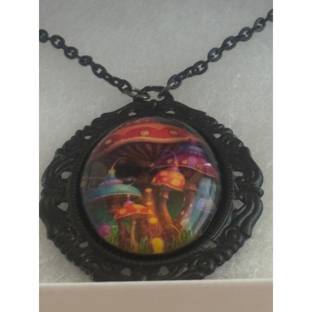 Mushroom Pendant Necklace Black Filigree Psychedelic Toadstool Cabochon 16"chain